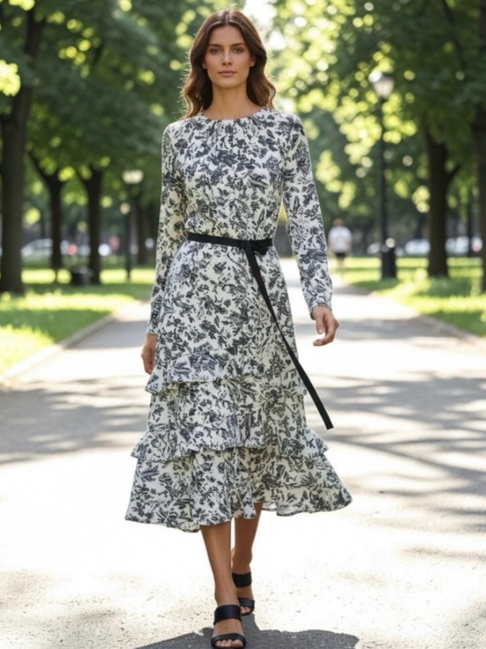 Jason Wu Black and White Floral Tiered Long-Sleeve Midi Dress
